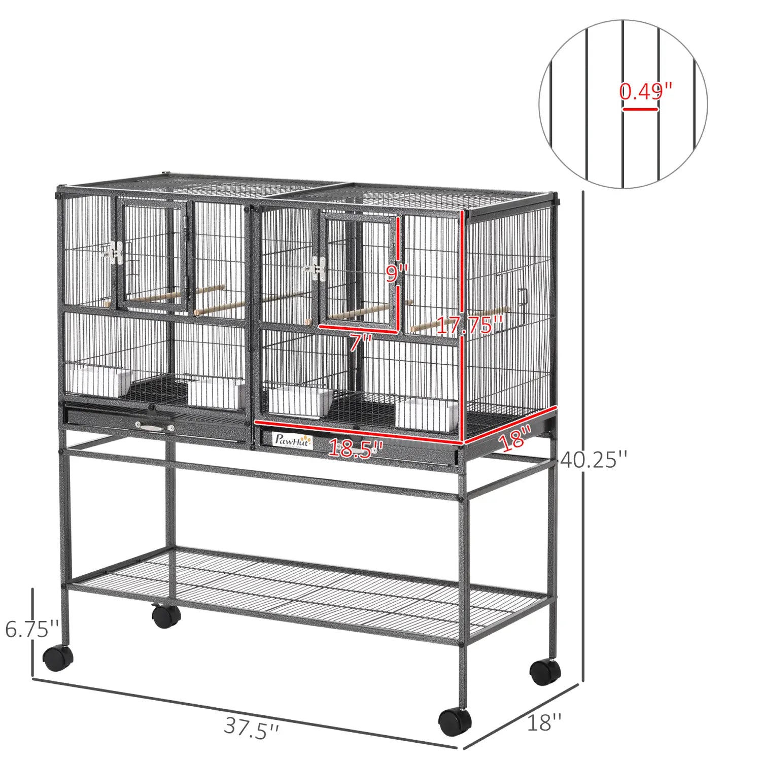 Jaula para cría de aves dividida con soporte rodante y bandejas