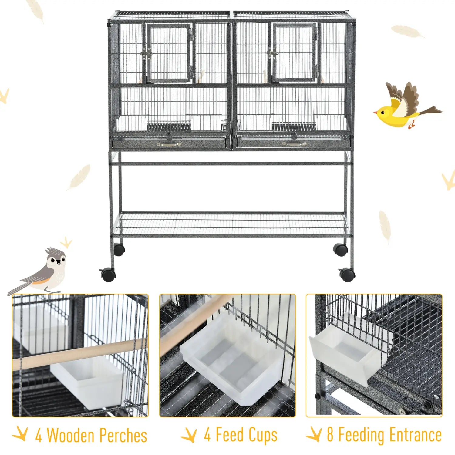 Jaula para cría de aves dividida con soporte rodante y bandejas