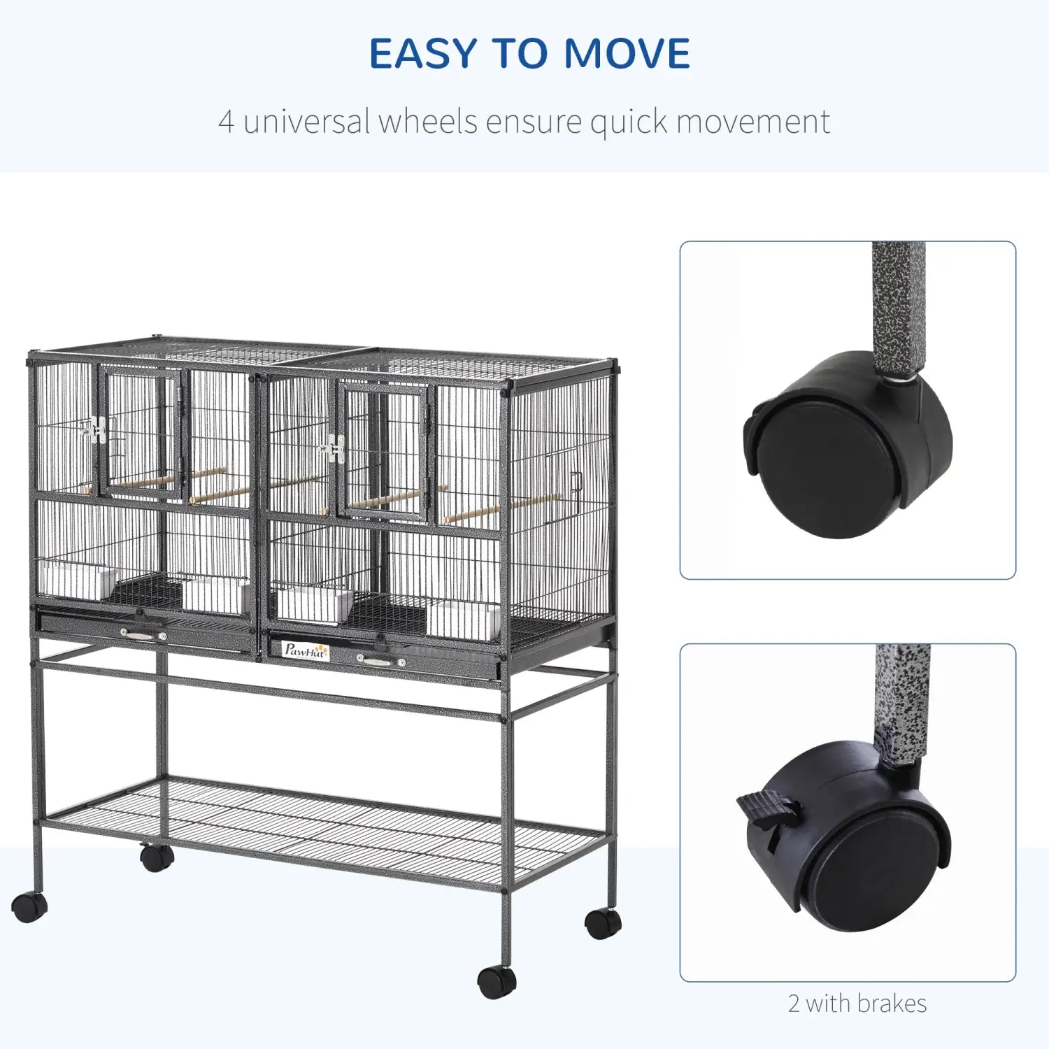 Jaula para cría de aves dividida con soporte rodante y bandejas