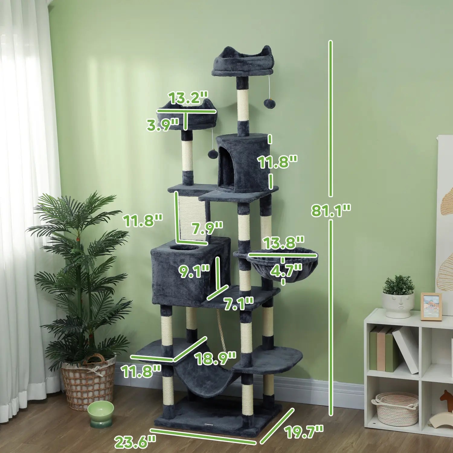 Dark gray 81 inch multi level tall cat tree with cream colored vertical posts featuring various platforms scratching surfaces and a hanging hammock for cats.