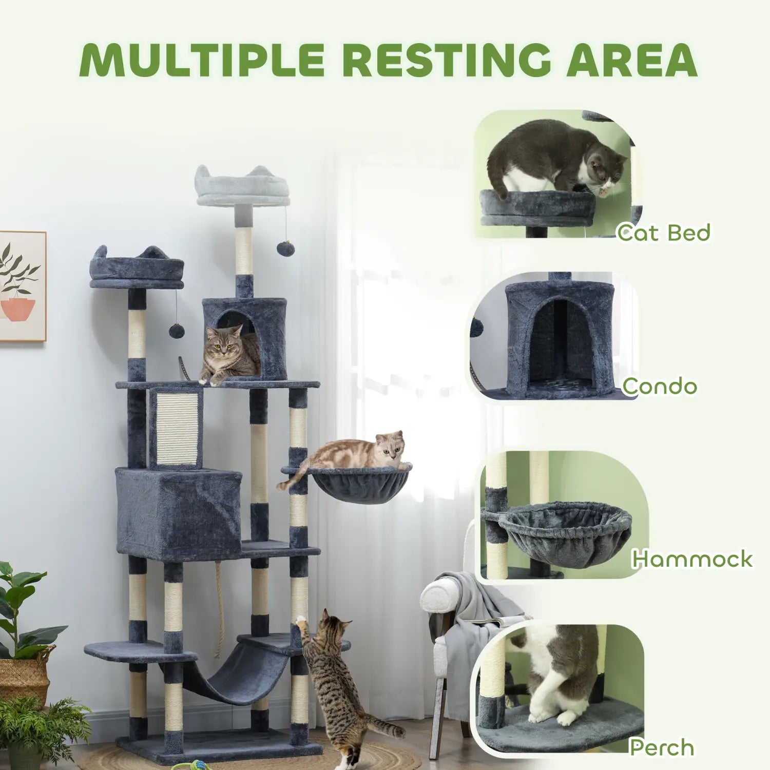 Gray 81 inch multi-level tall cat tree featuring various resting areas including a bed, condo, hammock, and perch for versatile cat comfort and play.