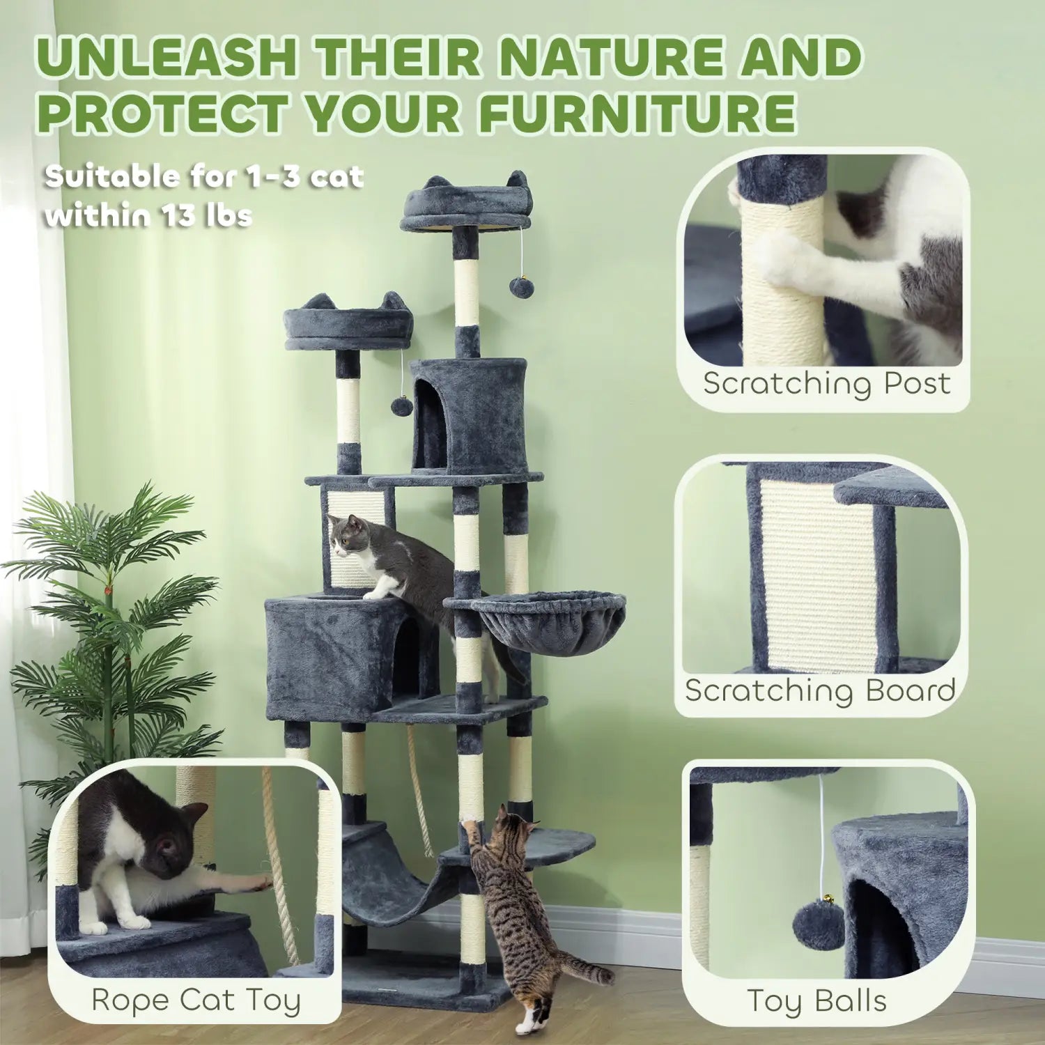 Gray and beige multi-level 81 inch tall cat tree featuring scratching posts, a hammock, and platforms for feline climbing and resting.