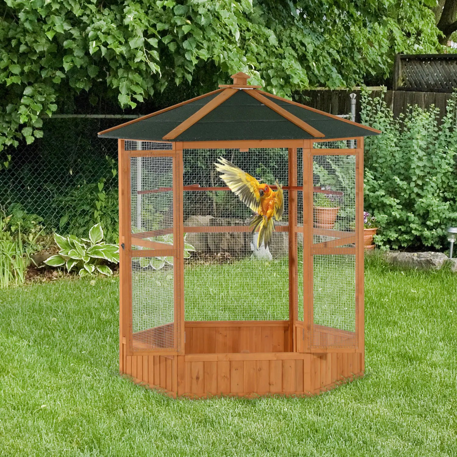 Voladero exterior de madera, jaula hexagonal de vuelo para aves