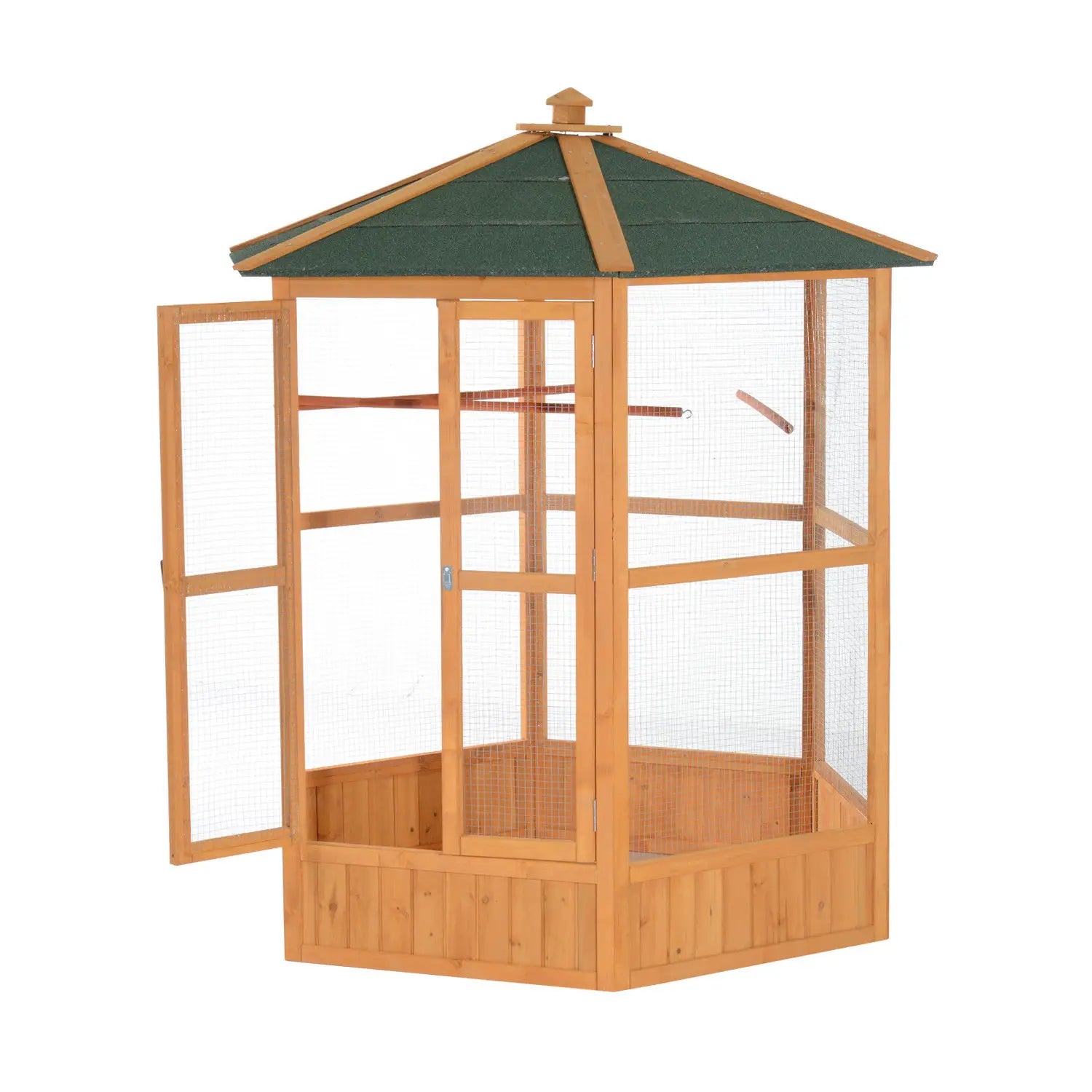 Voladero exterior de madera, jaula hexagonal de vuelo para aves