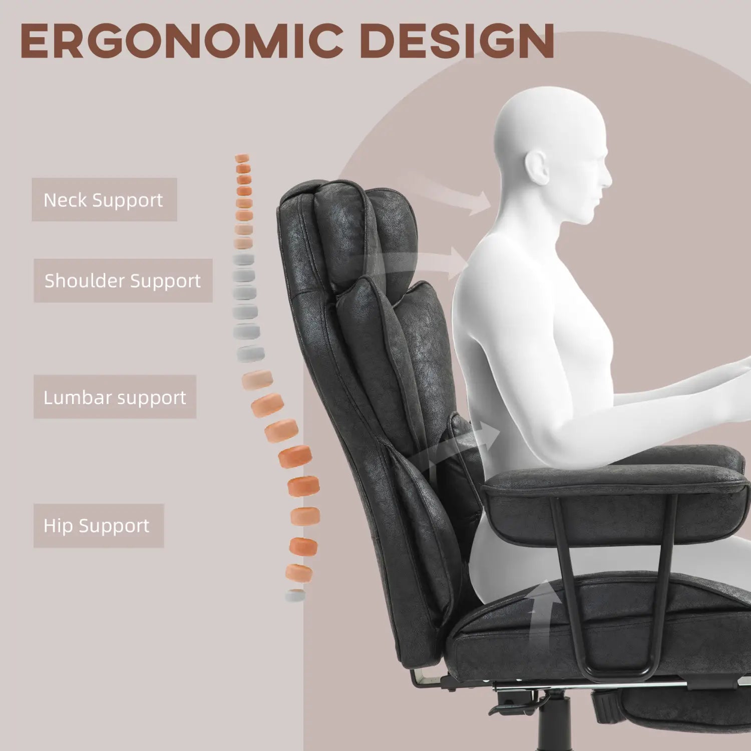 フットレストと396ポンドの対応容量を備え、背面側から表示した人間工学に基づくデザインの大柄体格向けブラックレザー・マッサージ用オフィスチェアで、分節化された腰部サポートを提供します。