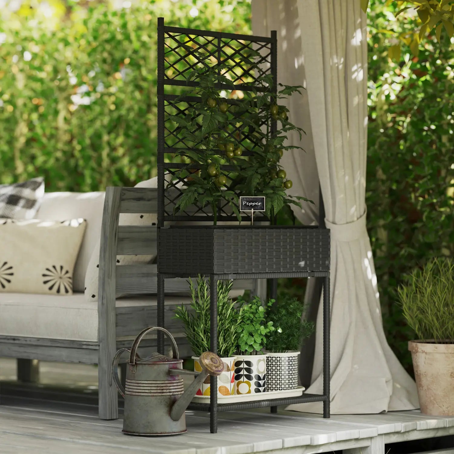 black woven resin garden trellis with integrated planter box and lower shelf holding potted herbs for outdoor use