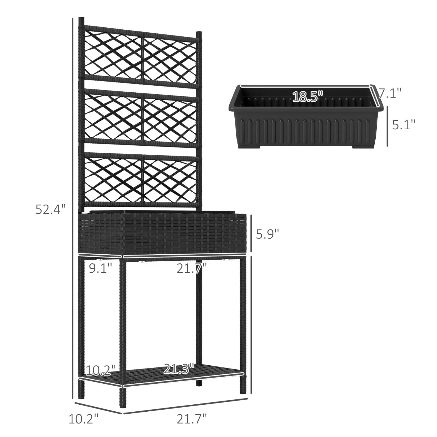Black wicker garden planter stand with lattice trellis and matching rectangular pot featuring a storage shelf