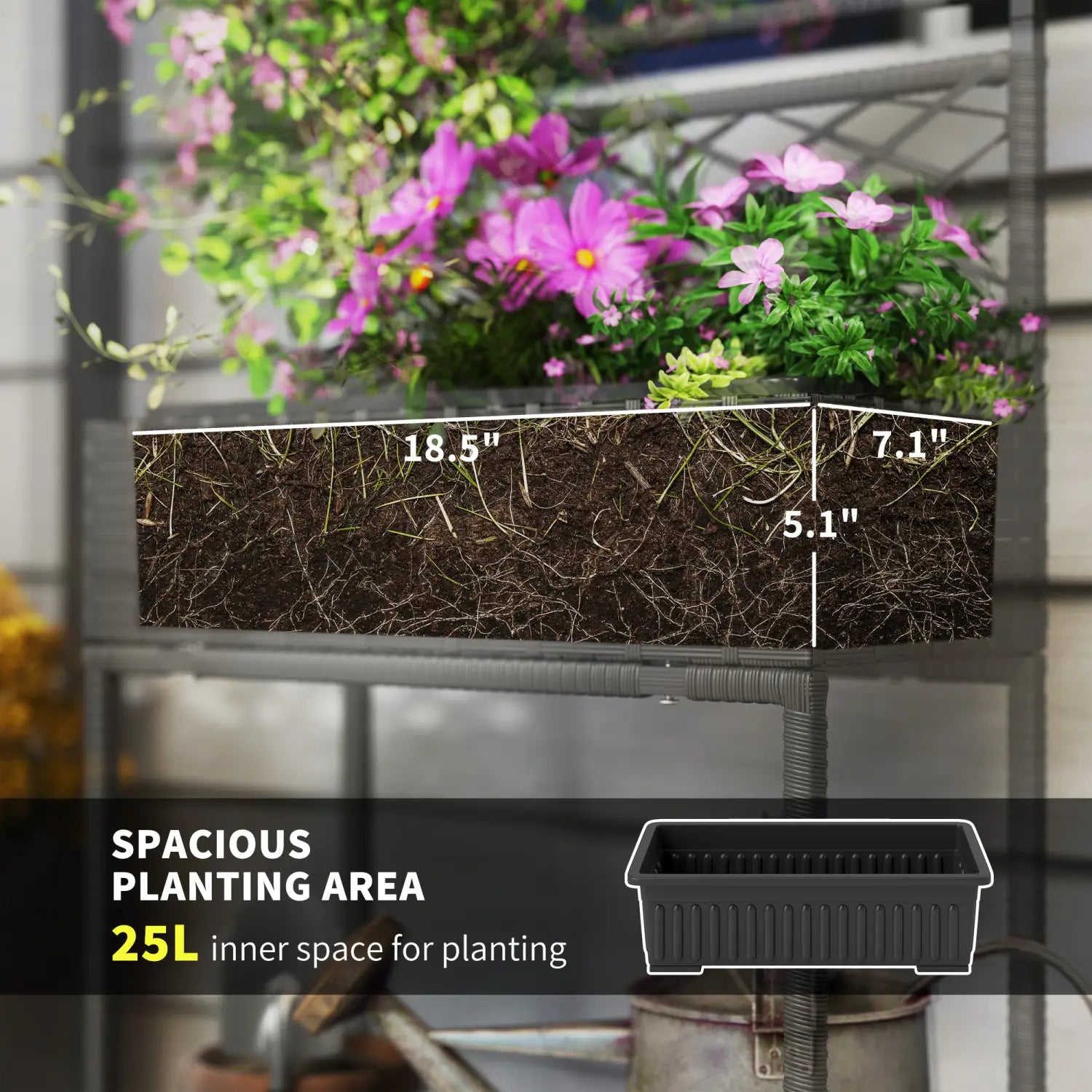 Black plastic rectangular planter with ribbed sides and 25 liter capacity designed for planting in a wicker planter with trellis and storage shelf.