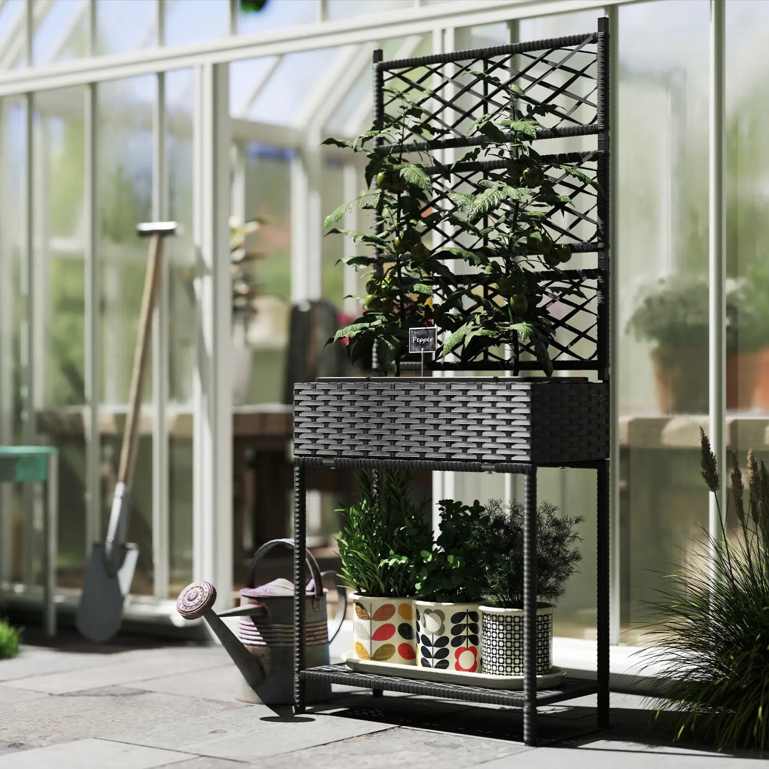 Black woven wicker planter with trellis and storage shelf featuring a lattice design for climbing plants and an integrated lower shelf.