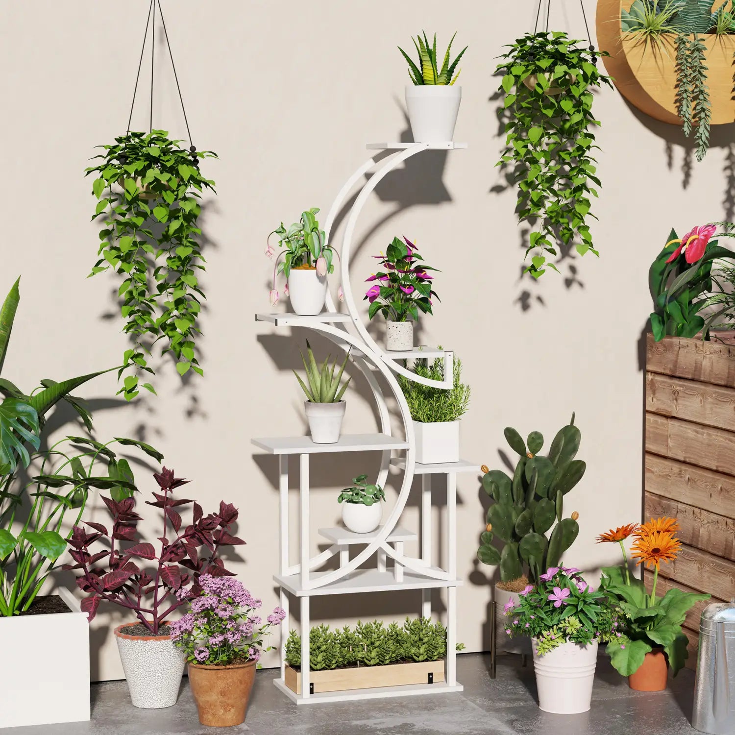 White curved metal 8 tier indoor plant stand with multiple shelves and hanging hooks designed as an s shaped corner rack.