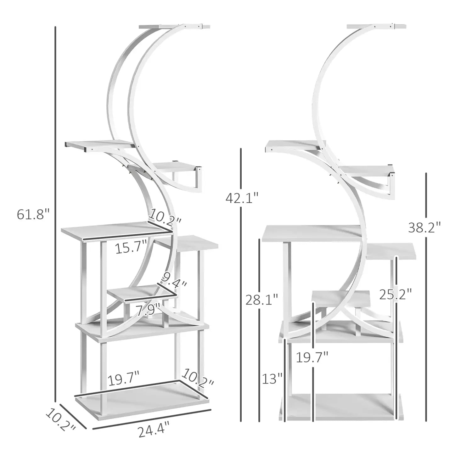 white metal 8 tier indoor plant stand with s shaped curved arches and multiple levels designed as a corner rack