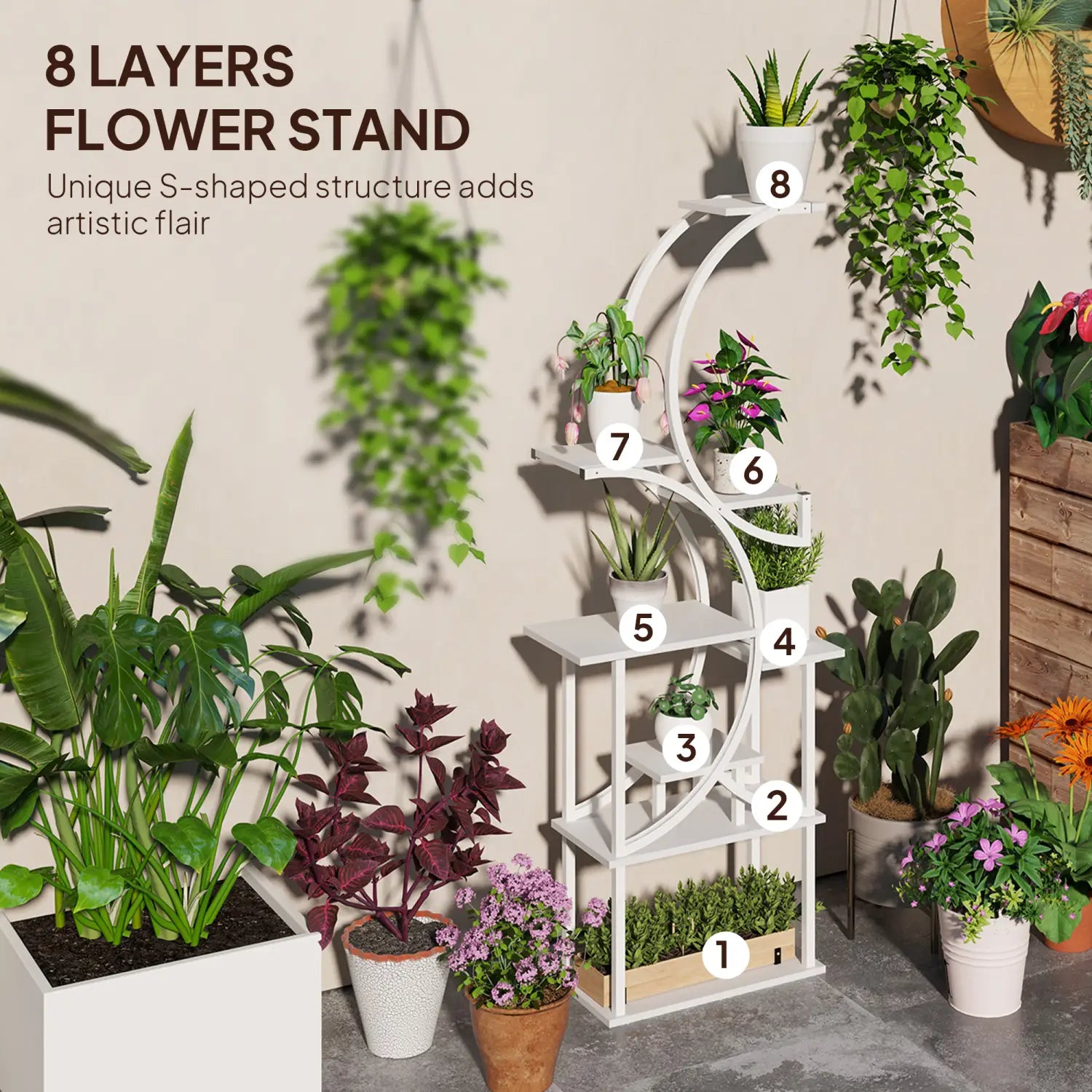 White s-shaped flower stand with eight tiered shelves designed as an indoor plant stand and corner rack