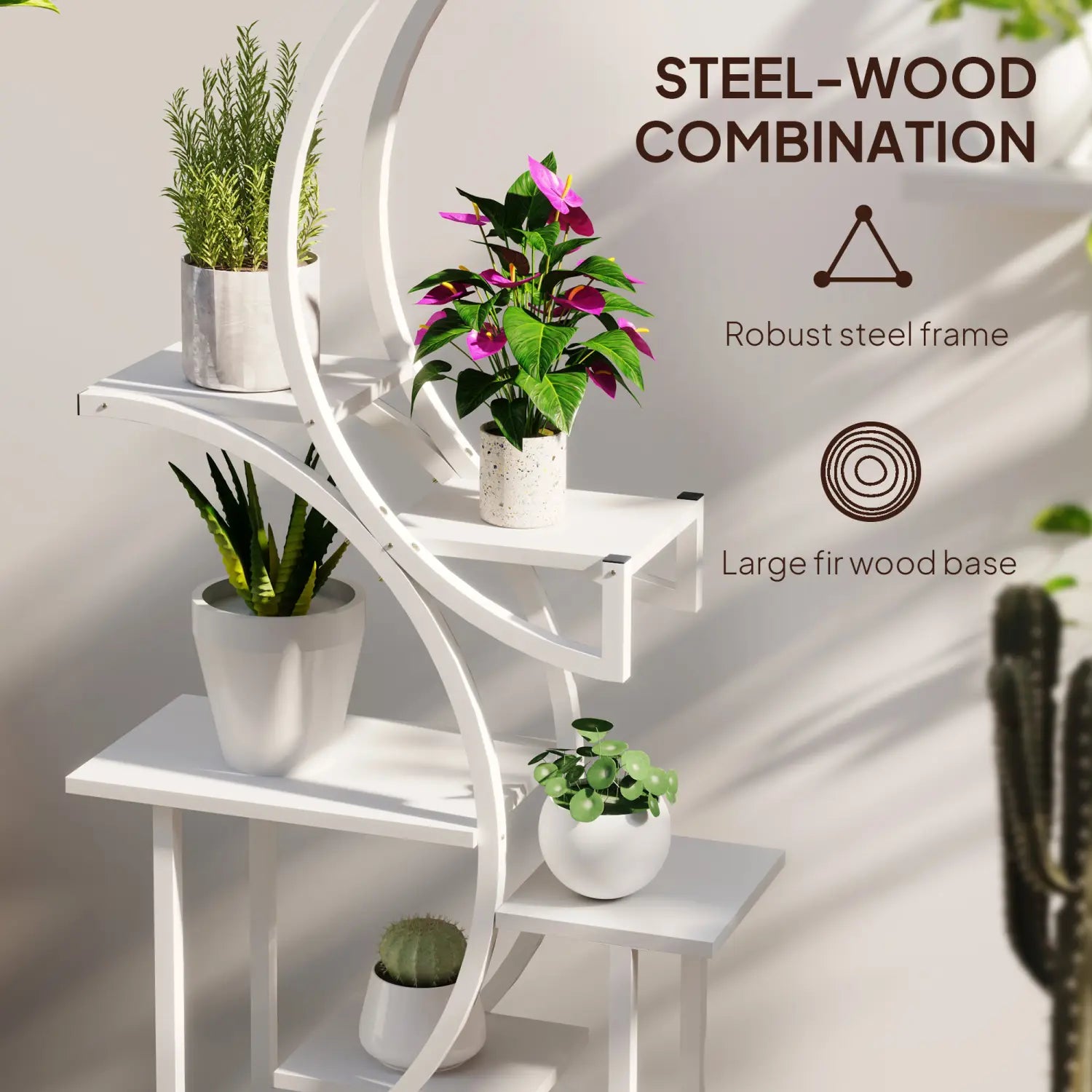 8 tier indoor plant stand white with s shaped curved steel frame and wooden base for corner display