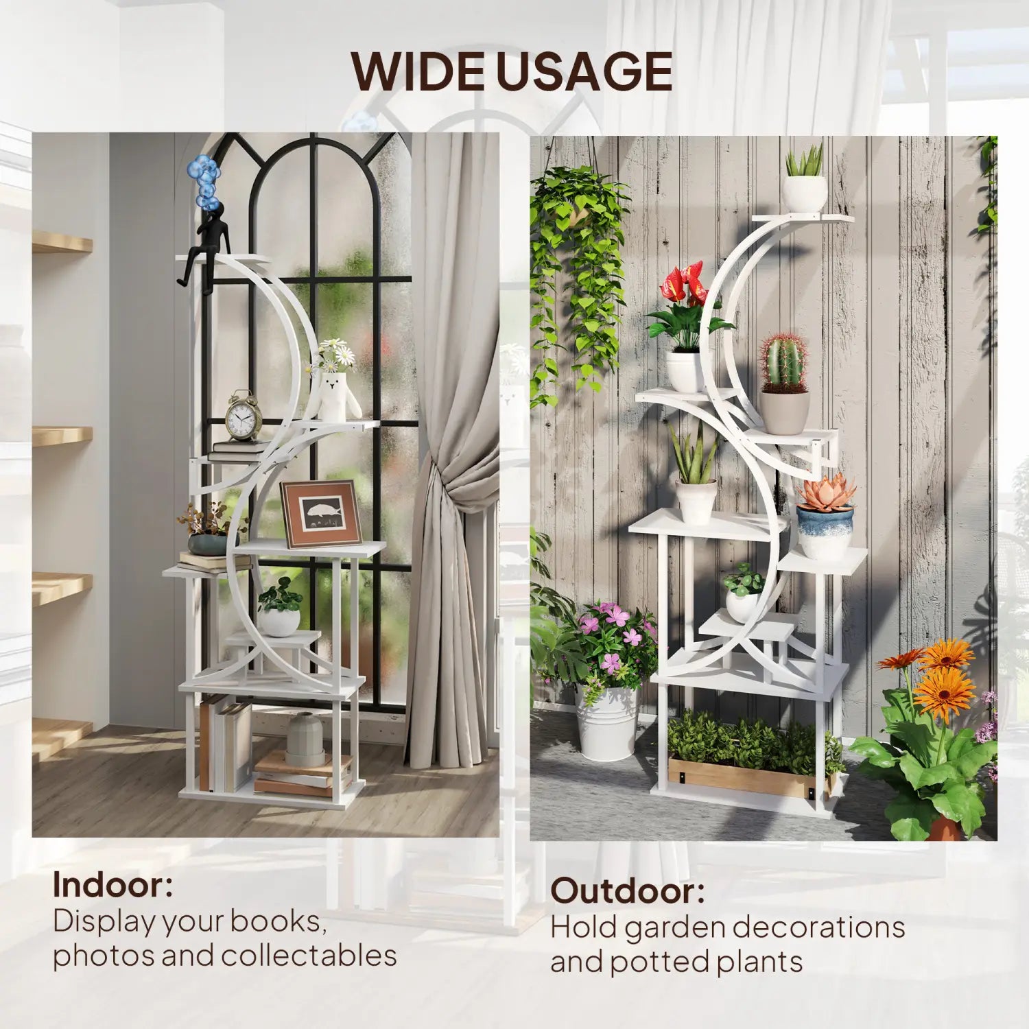 White metal 8 tier indoor plant stand featuring curved and geometric shelves in an s shaped corner rack design.