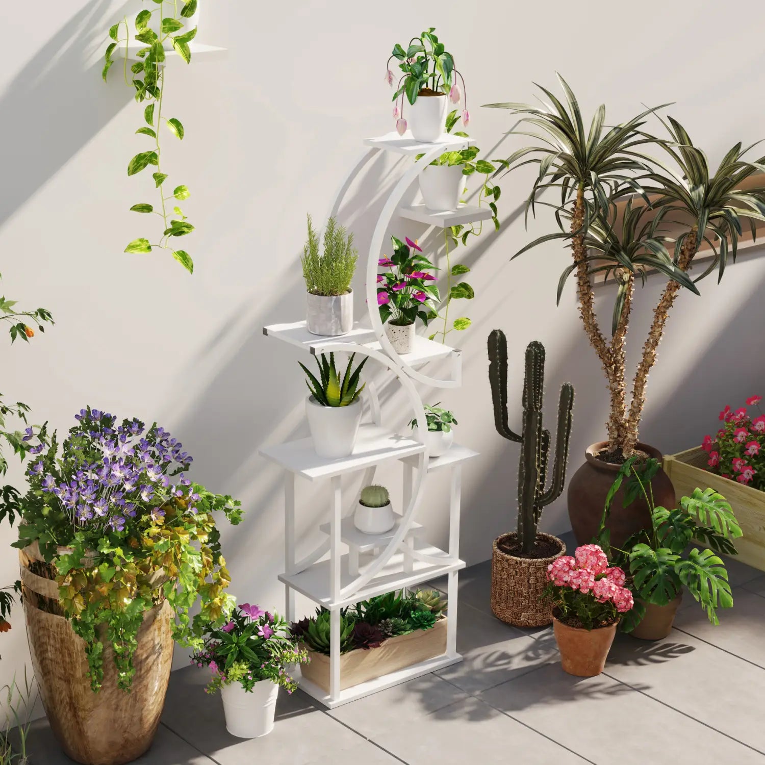 White multi-tiered indoor plant stand with eight tiers and modern geometric s shaped design for corner display.