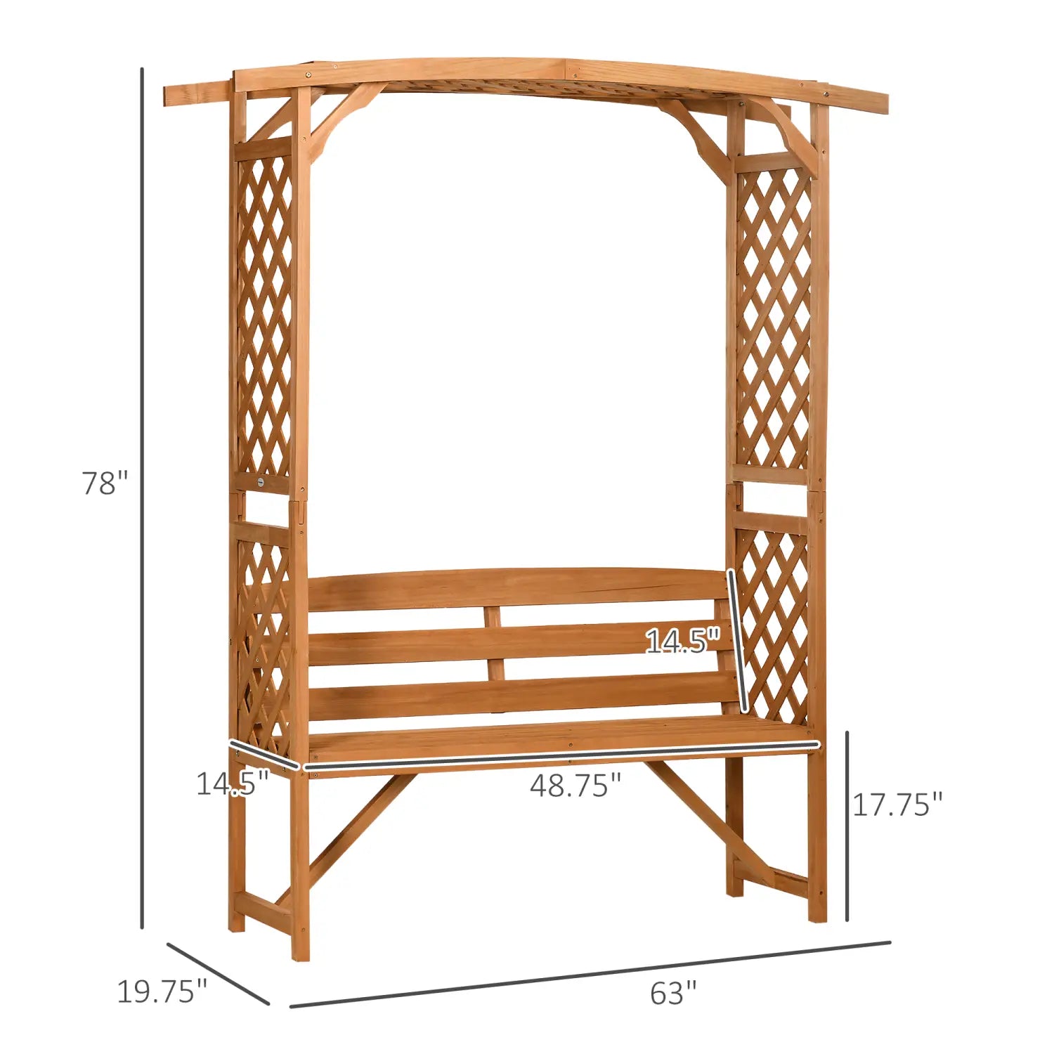 Banco de jardín para pérgola de madera color marrón claro con enrejado y arco de pérgola, con diseño de celosía e incluyendo asientos integrados.