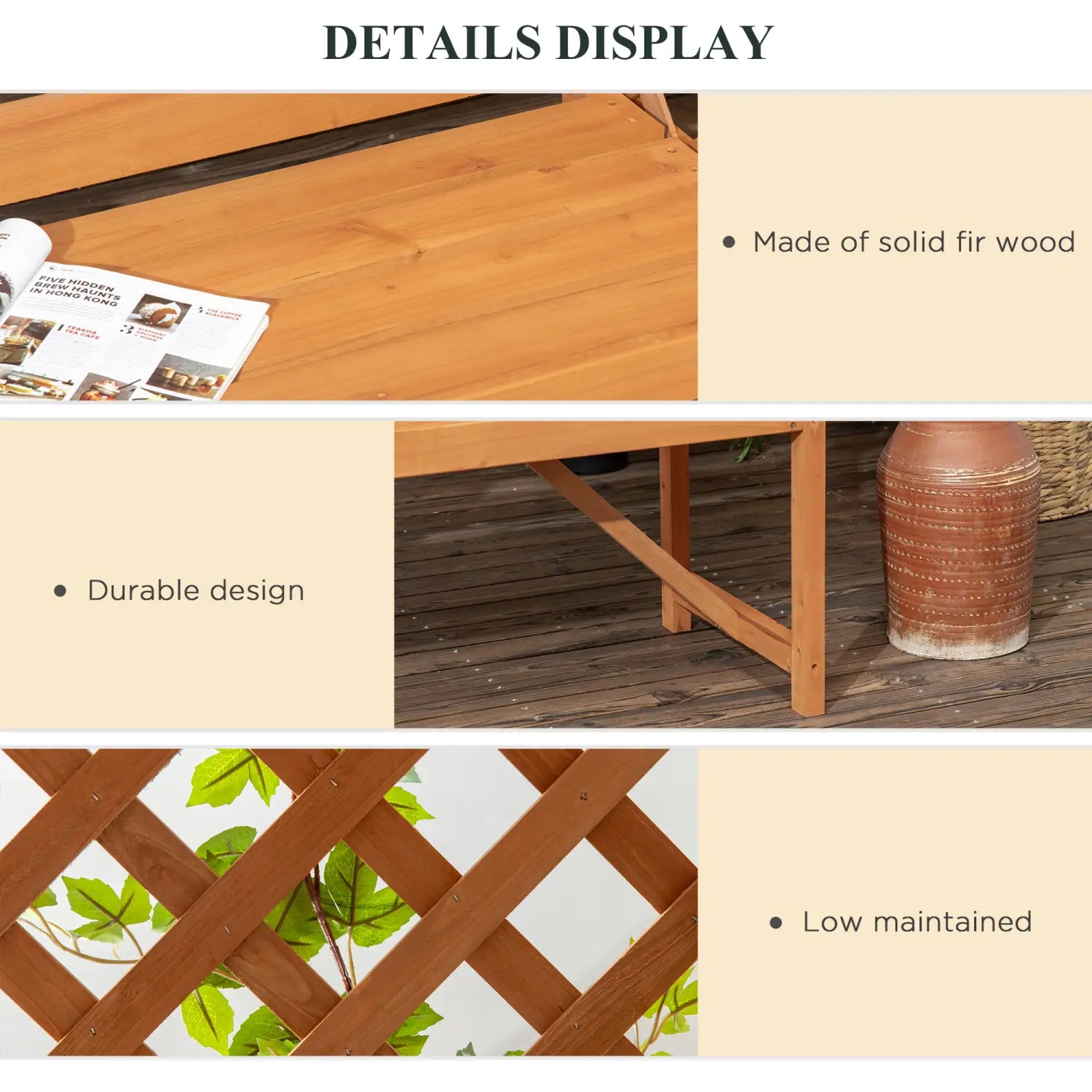 Banco de jardín para pérgola de madera color marrón claro, robusto, con enrejado y arco de pérgola, fabricado en madera maciza de abeto para uso en exteriores.