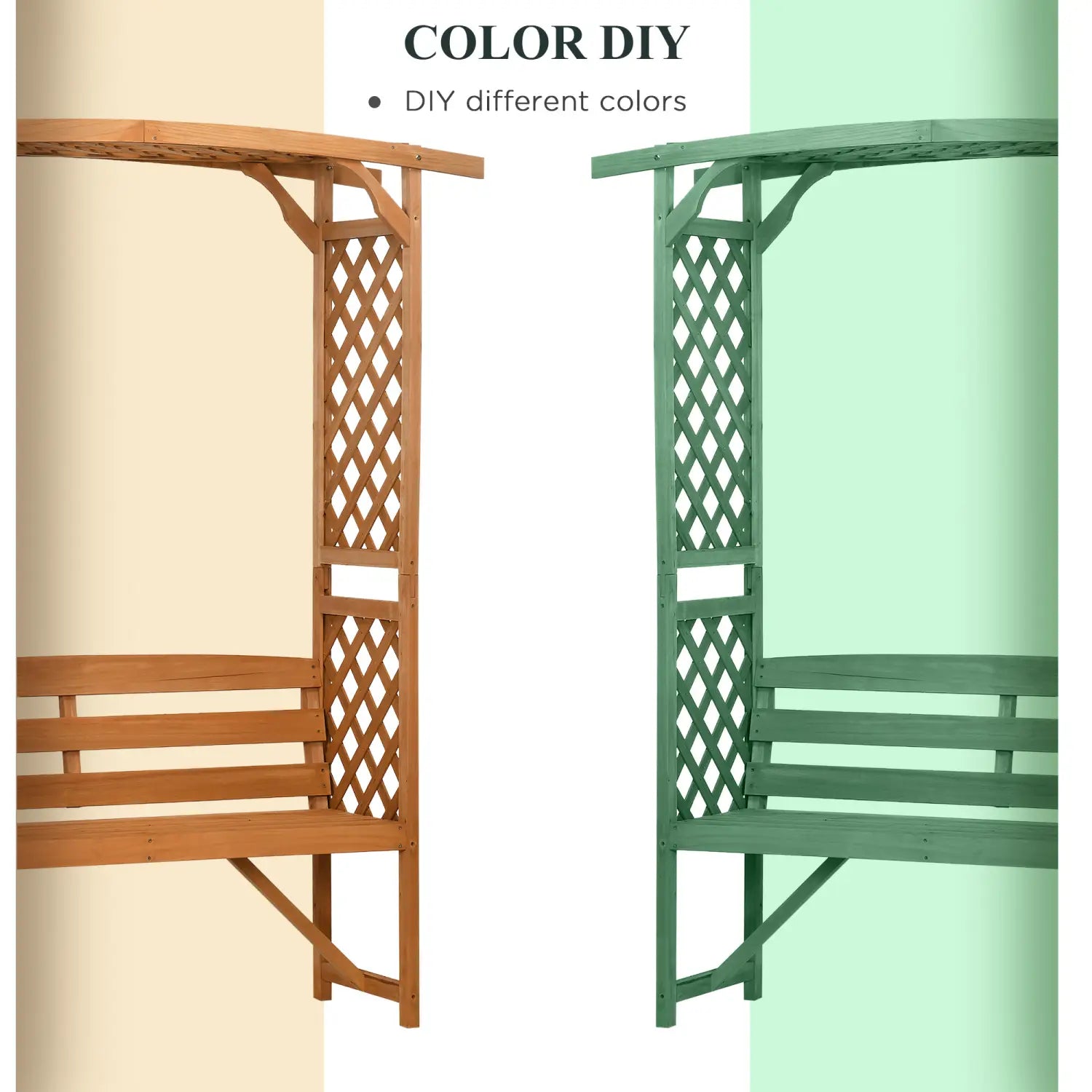 Pérgola de jardín de madera con diseño de celosía en acabado natural y detalles pintados en verde, presentada como un banco de jardín para pérgola con enrejado y arco de pérgola.