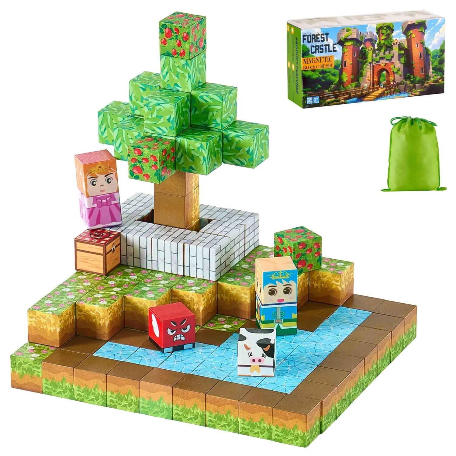 Minecraft-artiges Waldschloss-Magnet-Bauset mit farbenfrohen, blockartigen Figuren und einem grün gemusterten Würfelbaum aus dem Magnetic Blocks 100pc Mario STEM-Bauspielzeug.