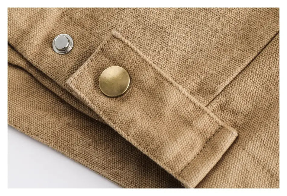 Tan canvas retro washed Detroit jacket men featuring brass and silver-toned buttons.