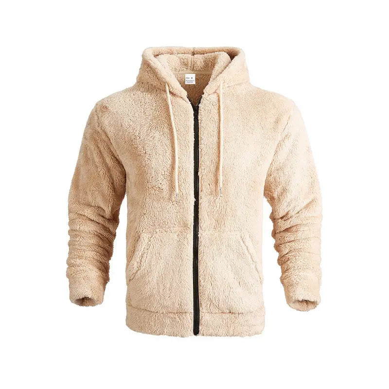 Men’s fleece lined loose zip up hooded jacket in beige with a soft textured fleece exterior and matching drawstrings.