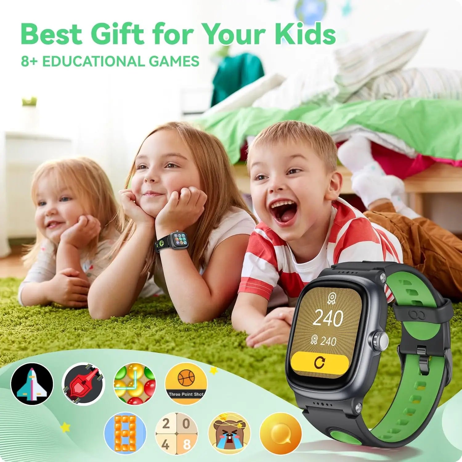 black and green k1 kids waterproof smartwatch with fitness tracking displaying educational game scores on a digital screen