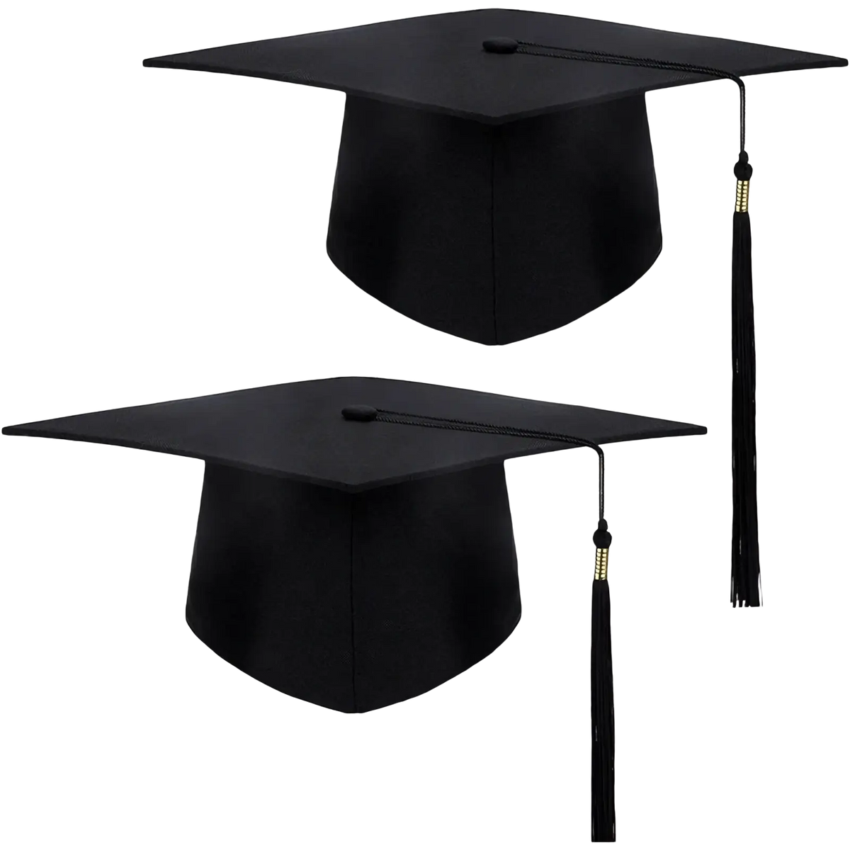 2025 black adult graduation cap with a square top, tapered crown, and black tassel with gold metallic beads