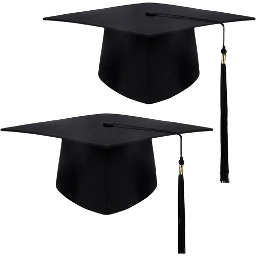 2025 black adult graduation cap with a square top, tapered crown, and black tassel with gold metallic beads