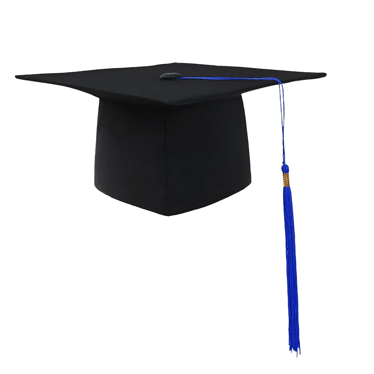Black adult graduation cap with blue tassel made of durable material for 2025 commencement ceremonies