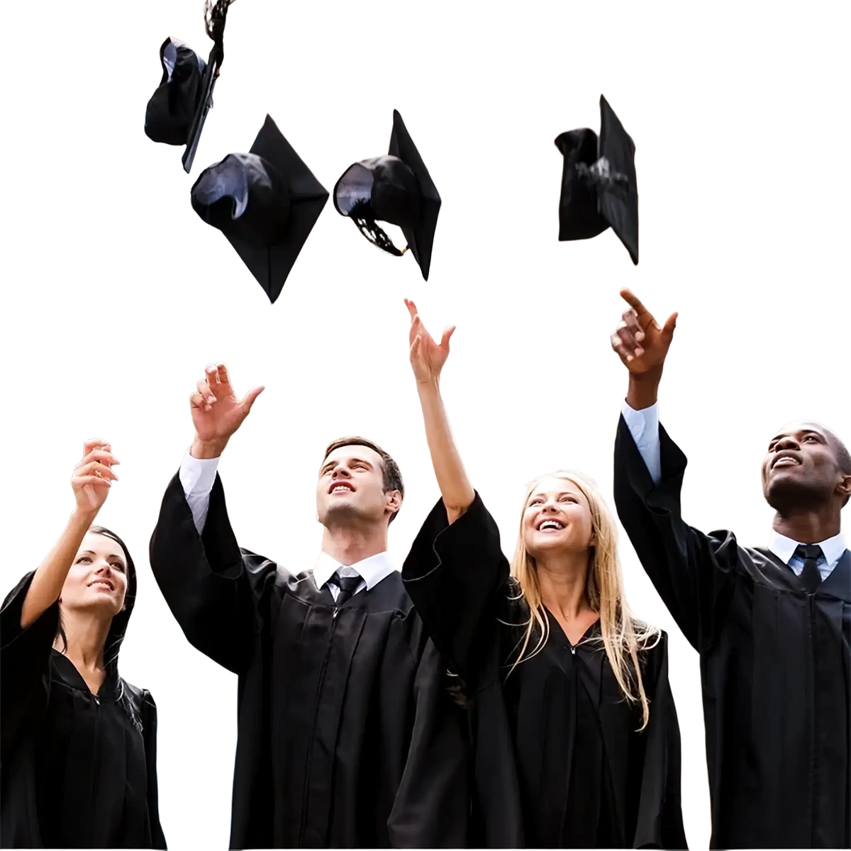 Black adult graduation caps with tassels made of polyester being thrown in the air for 2025 graduation ceremony