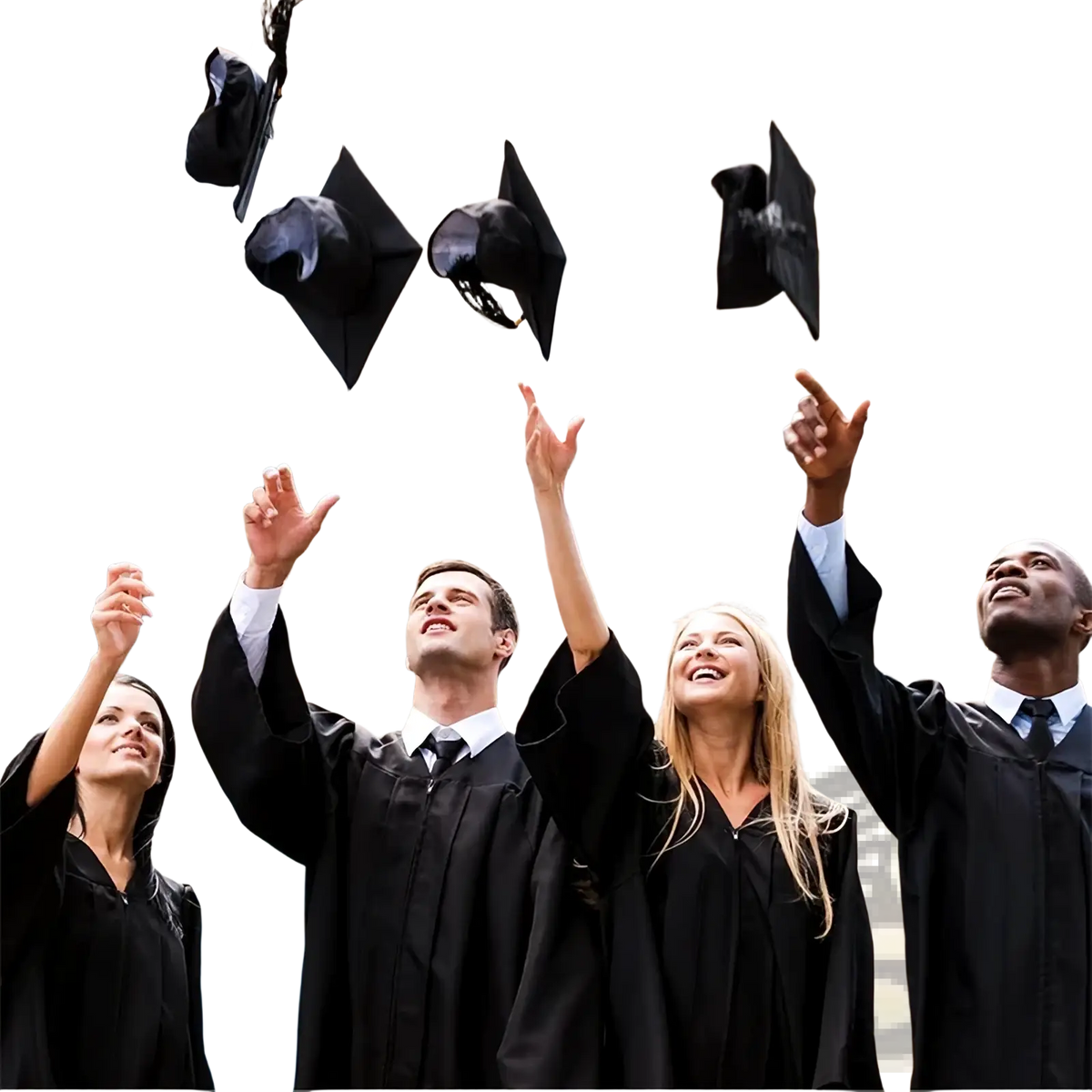 Black adult graduation caps with tassels made of polyester being thrown in the air for 2025 graduation ceremony
