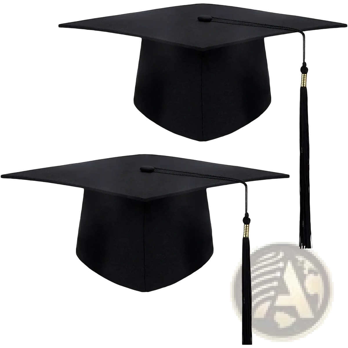 2025 black adult graduation cap with a square top, tapered crown, and black tassel with gold metallic beads