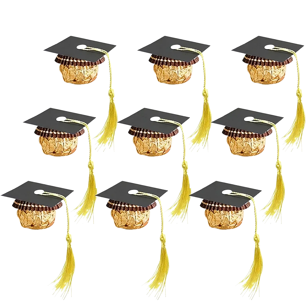 2025 graduation cap chocolate and candy decorations featuring black wrappers with gold tassels and brown striped trim