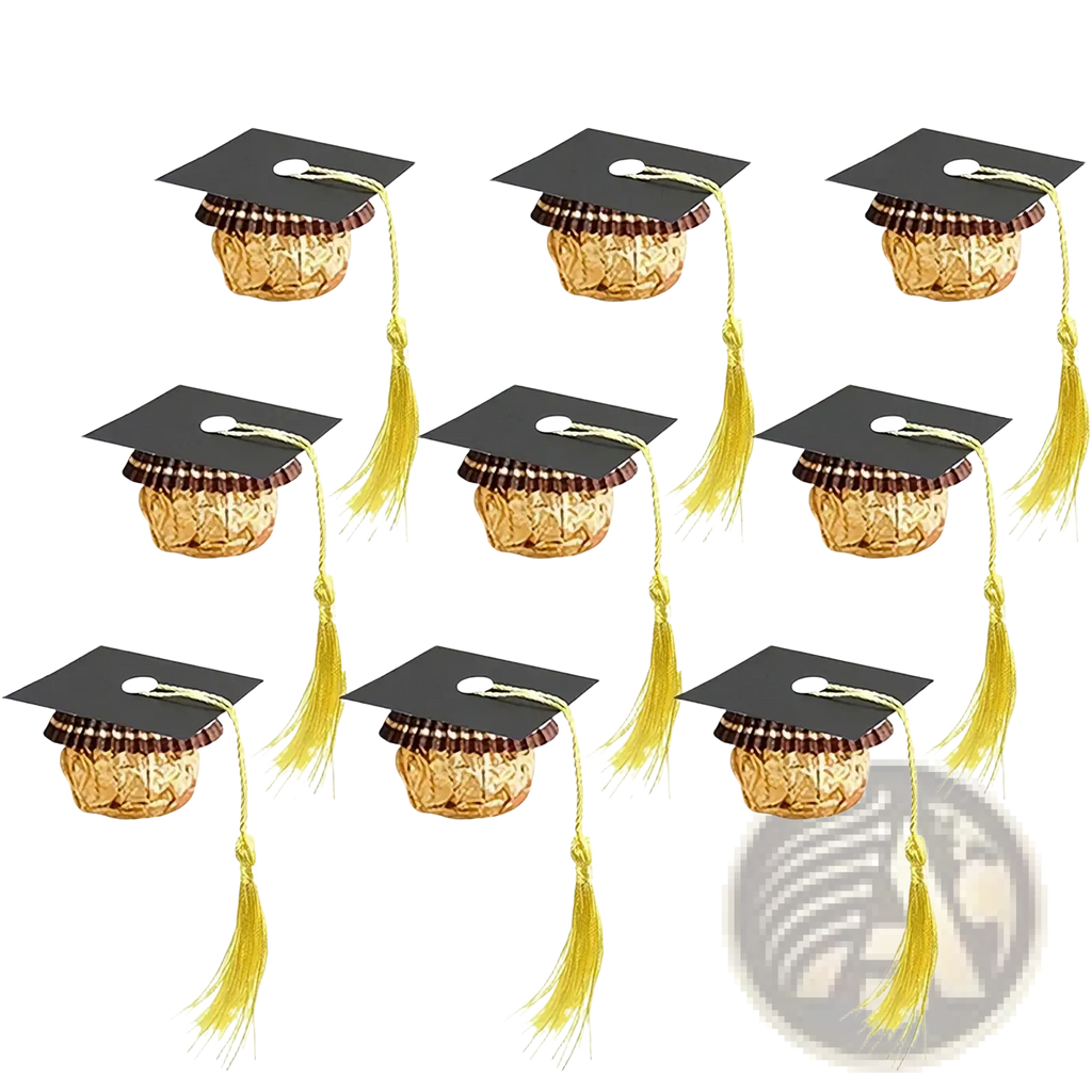 2025 graduation cap chocolate and candy decorations featuring black wrappers with gold tassels and brown striped trim