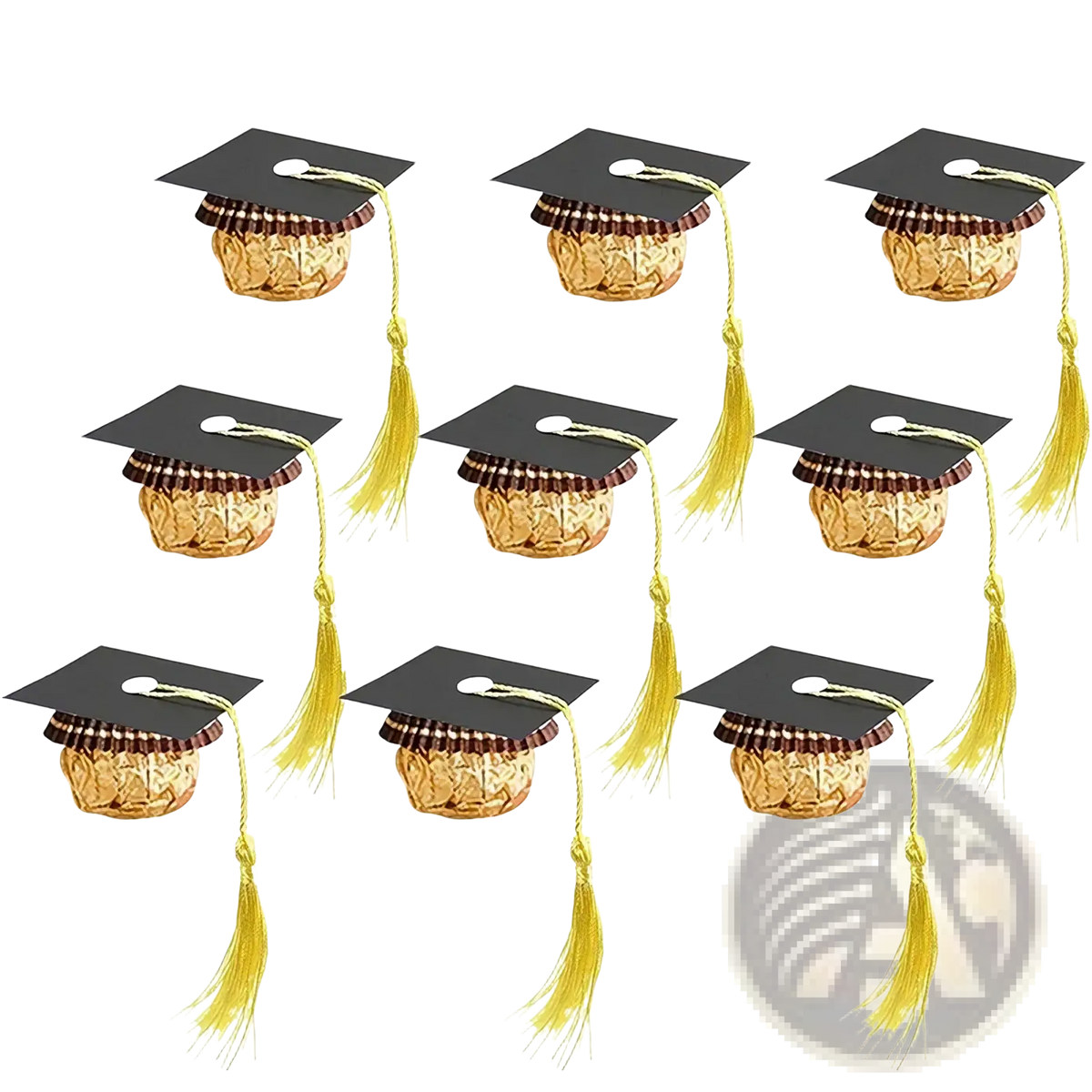 2025 graduation cap chocolate and candy decorations featuring black wrappers with gold tassels and brown striped trim