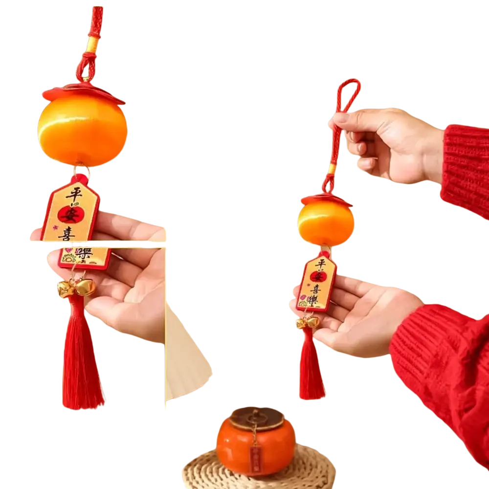 2025 lunar new year orange lantern pendant with red tassels and a small wooden plaque with chinese characters