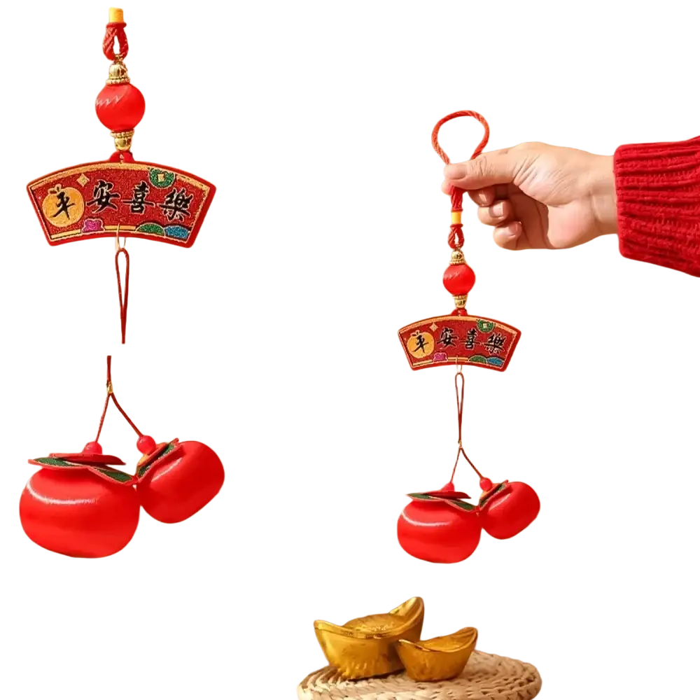 2025 lunar new year lantern pendant with tassels featuring red ceramic fruit-shaped ornaments and a decorative plaque