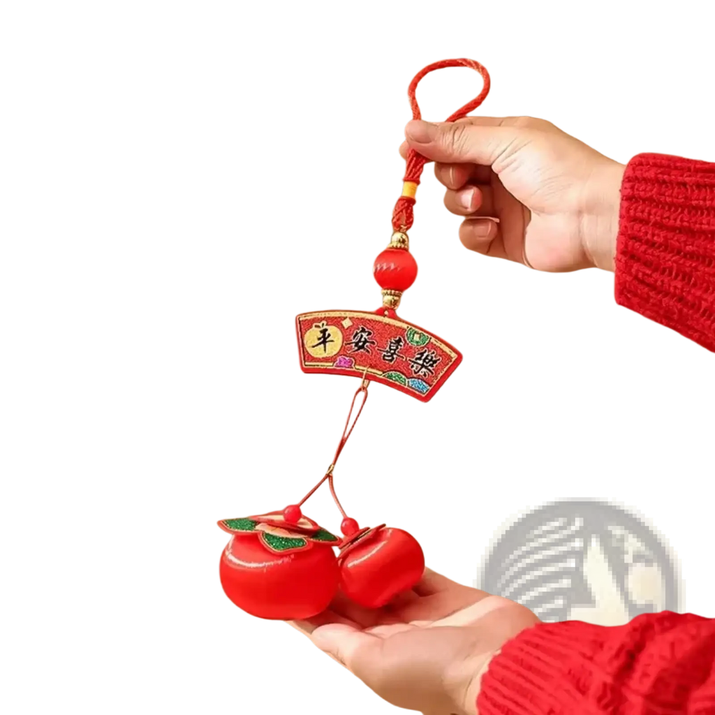 2025 lunar new year lantern pendant with tassels featuring red embroidered charm with pomegranate-shaped ornaments and plaque