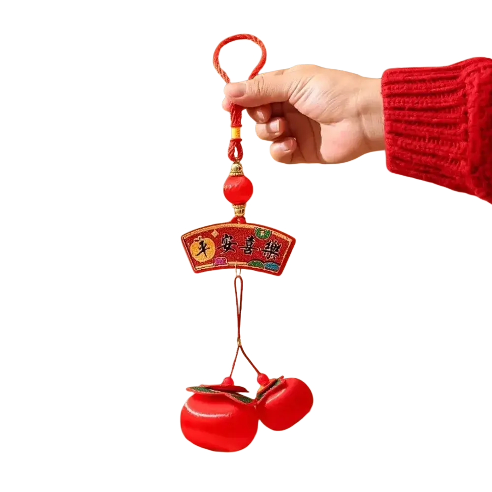 Red fabric peach charm with embroidered chinese characters and woven rope loop for 2025 lunar new year lantern pendant