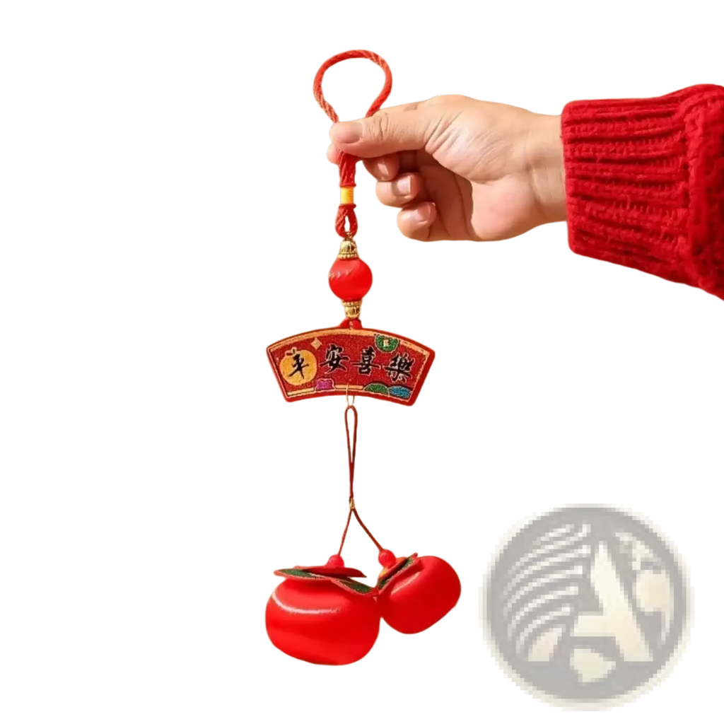 Red fabric peach charm with embroidered chinese characters and woven rope loop for 2025 lunar new year lantern pendant