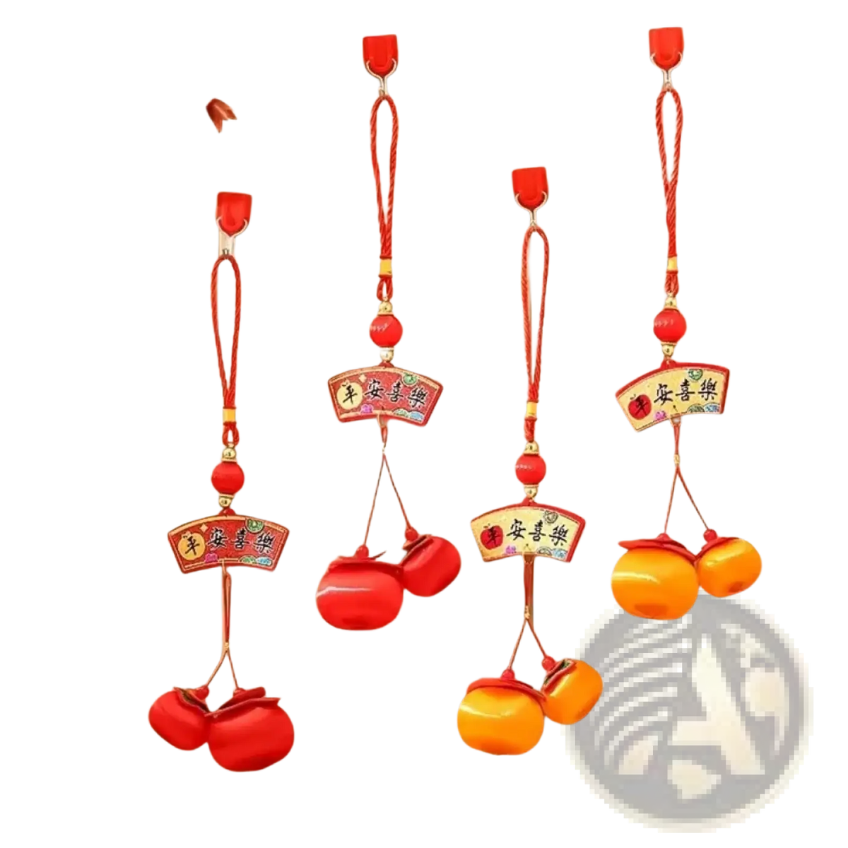 2025 Lunar New Year lantern pendant with tassels featuring red and orange ceramic pomegranate charms and red plaques inscribed with 平安喜乐