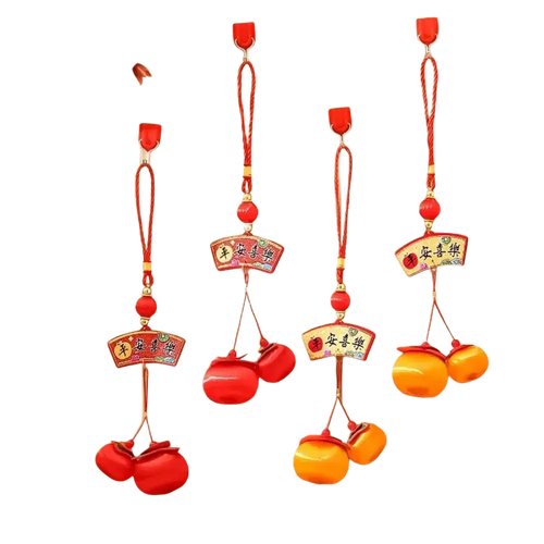2025 Lunar New Year lantern pendant with tassels featuring red and orange ceramic pomegranate charms and red plaques inscribed with 平安喜乐