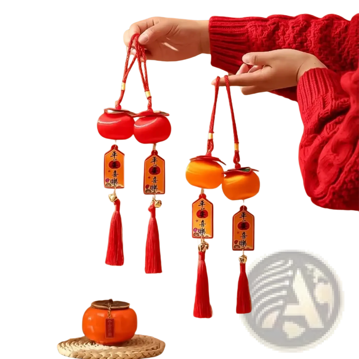 2025 Lunar New Year lantern pendant in red and orange with tassels and decorative tags hanging from braided cords