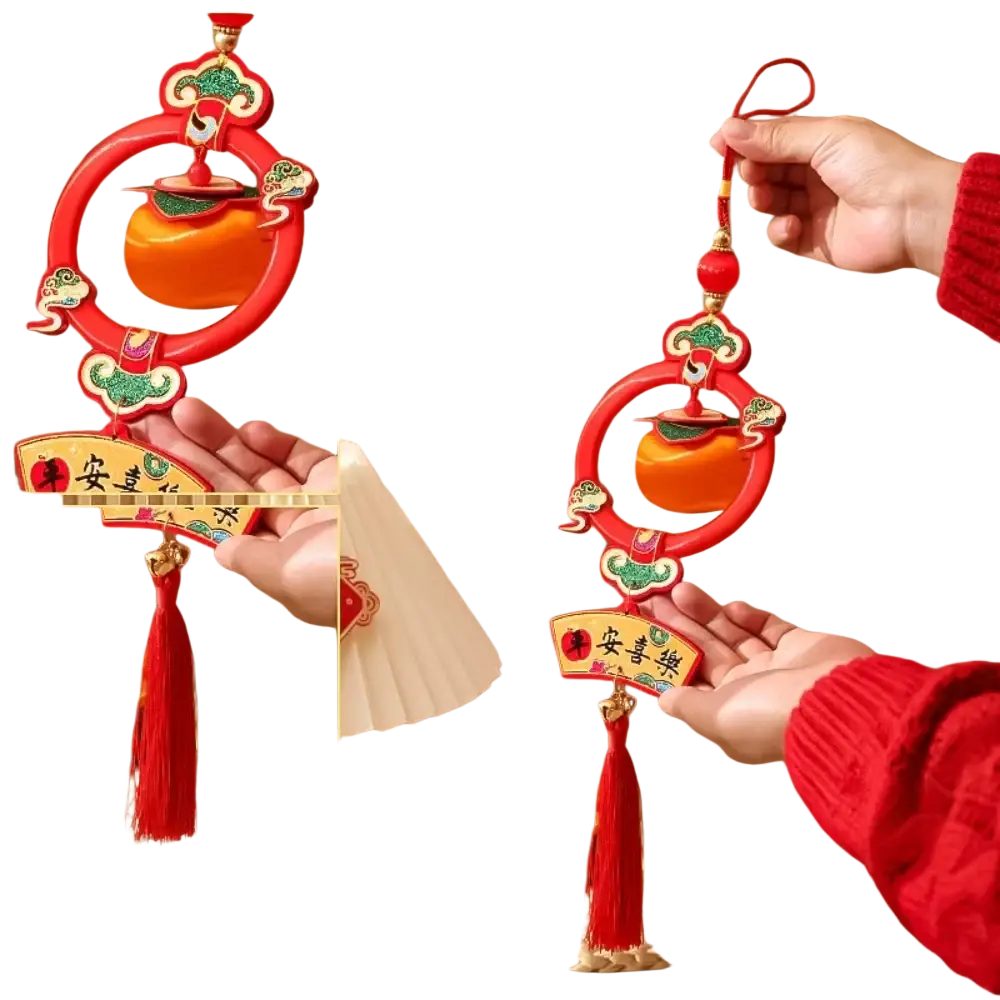Red plastic 2025 Lunar New Year lantern pendant with circular frame, orange peach centerpiece, green clouds, and red tassel