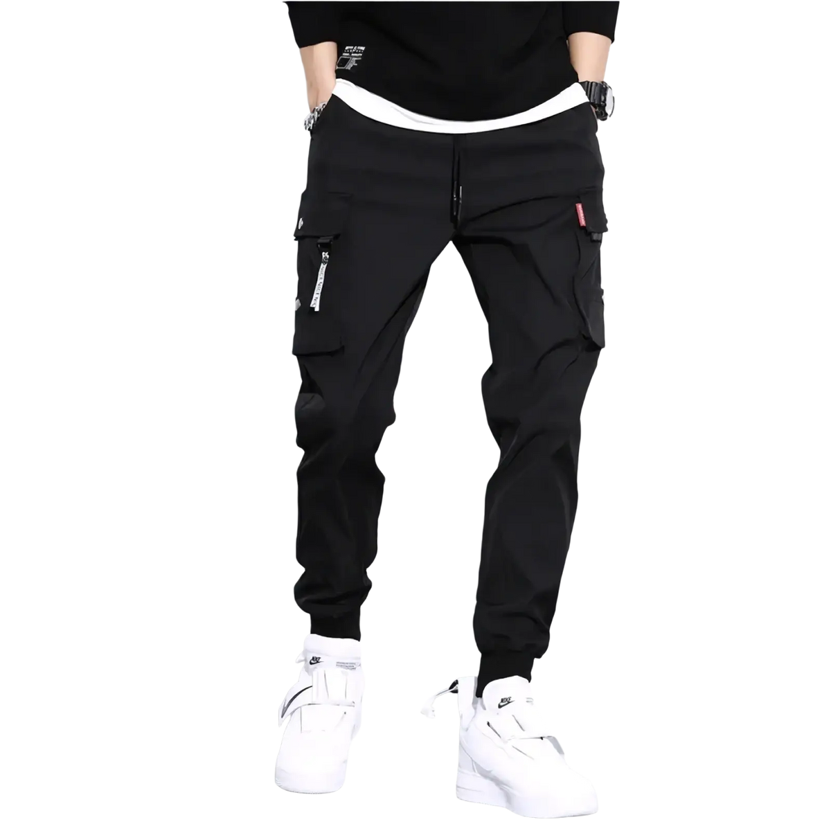 Men black tactical cargo pants with multiple zippered pockets and slim tapered fit for casual workwear joggers