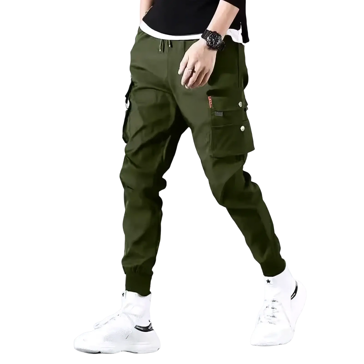 Men black tactical cargo pants in olive green with multiple pockets and a drawstring waistband for casual workwear