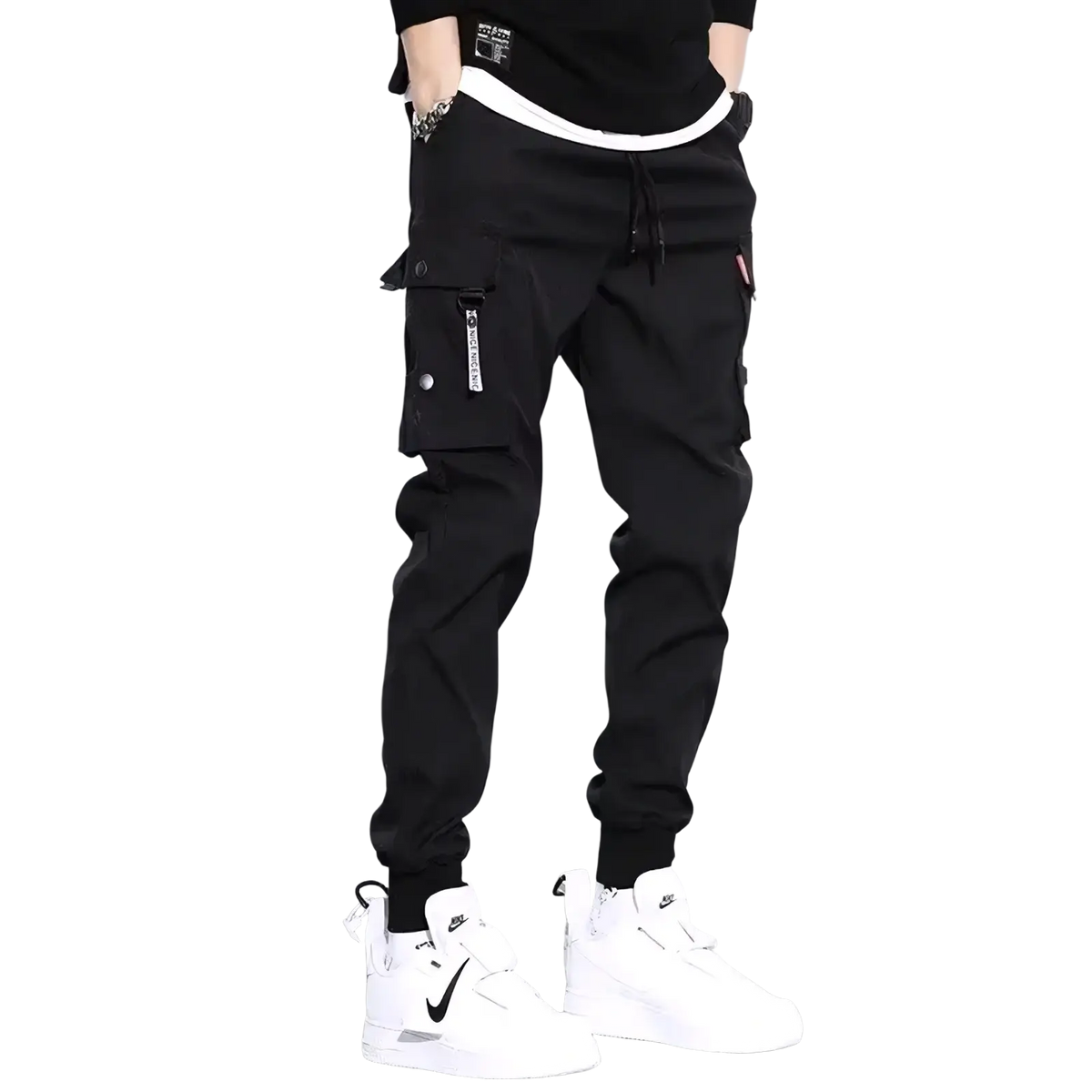 Men black tactical cargo pants casual workwear joggers with multiple pockets and drawstring waistband