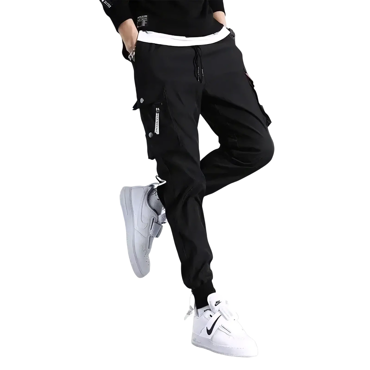 Men black tactical cargo pants with multiple pockets and a drawstring waistband for casual workwear joggers