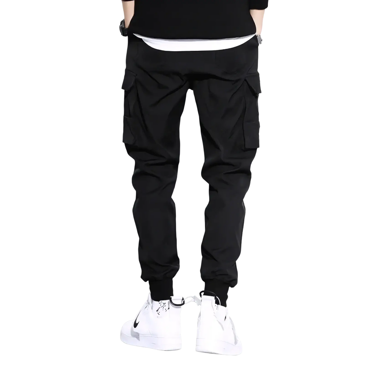 Men black tactical cargo pants with multiple side pockets and elastic cuffs for casual workwear and joggers use