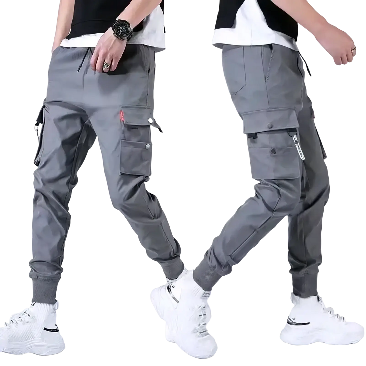 Men black tactical cargo pants with multiple pockets and a drawstring waistband for casual workwear joggers